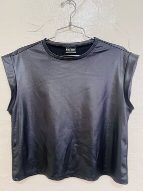 Black faux leather look Cap Sleeve Elevated Basic Top Minimalist Luxe Size S